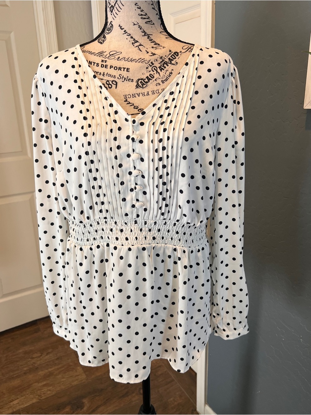 torrid White Blouse with Black Polka Dots - Smocked Waist V-Neck
